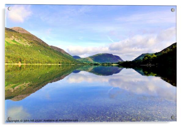 Reflections in Buttermere lake with Mellbreak mountain in Cumbria.  Acrylic by john hill