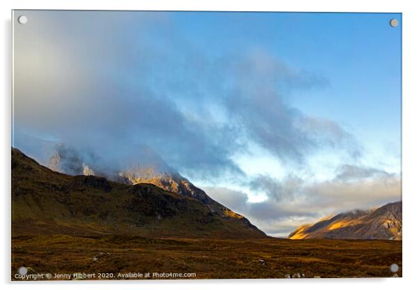 Glencoe mountain with low lying clouds and early morning light Acrylic by Jenny Hibbert