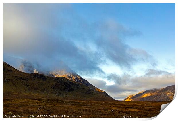 Glencoe mountain with low lying clouds and early morning light Print by Jenny Hibbert