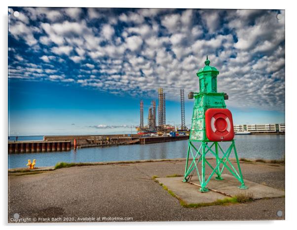 Retro lighthouse at the entrance to Esbjerg harbor, Denmark Acrylic by Frank Bach