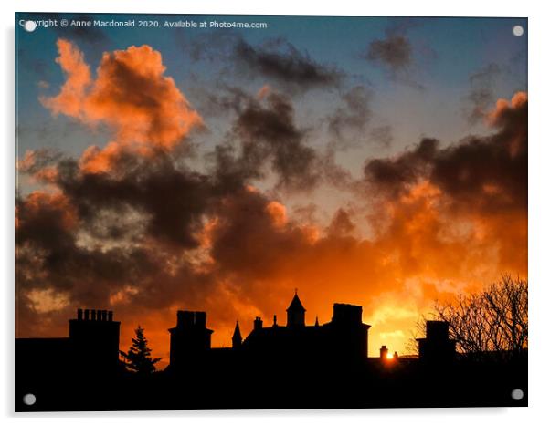 Fiery Sunset Over The Rooftops Of Lerwick, Shetlan Acrylic by Anne Macdonald