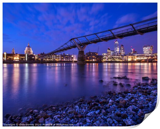 St. Pauls and the Millennium Bridge in London Print by Chris Dorney