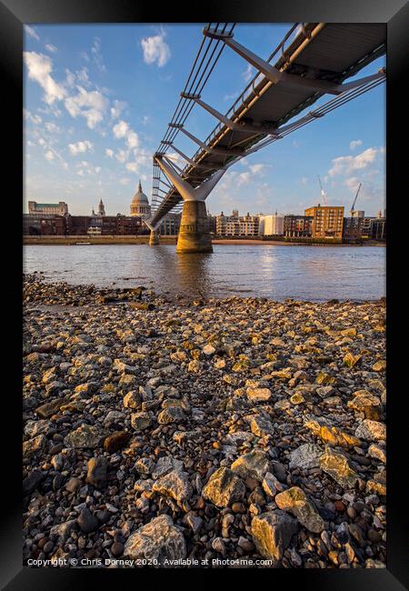 St. Pauls and the Millennium Bridge in London Framed Print by Chris Dorney