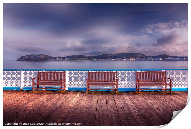 Three Benches on Llandudno Pier Print by Inca Kala