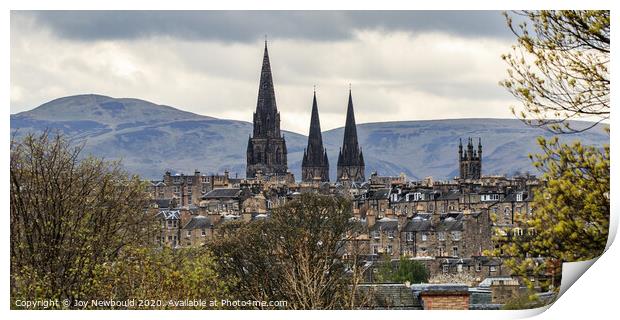 View over Edinburgh with St Mary's Cathedral spires Print by Joy Newbould