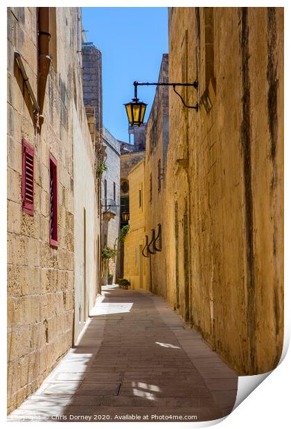Pretty Narrow Street in Mdina Print by Chris Dorney