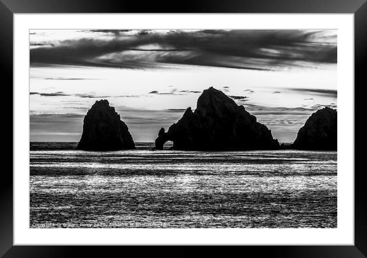 Black White Sunset The Arch Cabo San Lucas Mexico Framed Mounted Print by William Perry