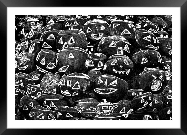 Glowing Halloween Pumpkins Black and white Framed Mounted Print by Taina Sohlman