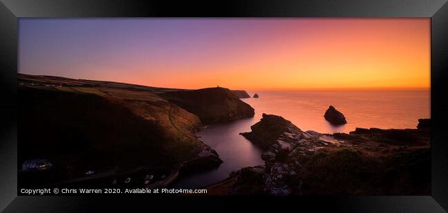 A sunset over the sea with Cornish Coastline Framed Print by Chris Warren