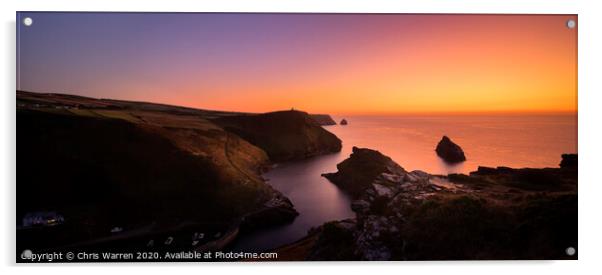 A sunset over the sea with Cornish Coastline Acrylic by Chris Warren