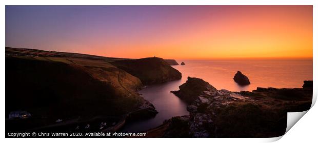 A sunset over the sea with Cornish Coastline Print by Chris Warren