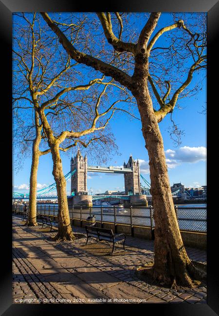 View of Tower Bridge along the Thames Path in London Framed Print by Chris Dorney