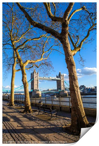 View of Tower Bridge along the Thames Path in London Print by Chris Dorney