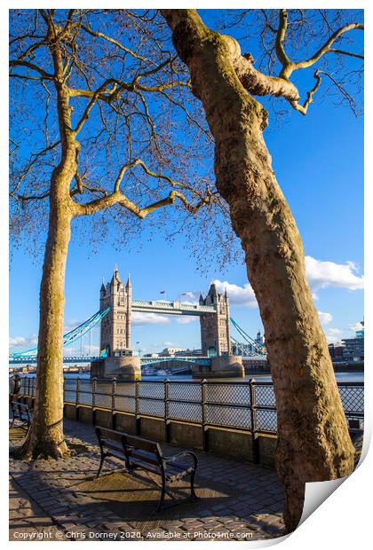 View of Tower Bridge from the Thames Path in London Print by Chris Dorney