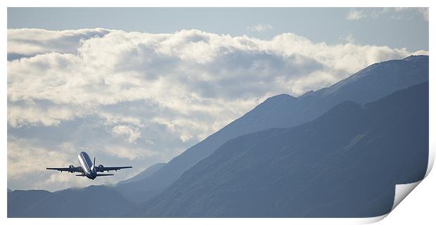 Airplane taking off over the alpine mountains Print by Ian Middleton