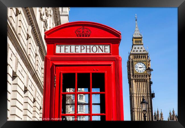 Red Telephone Box and Big Ben in London Framed Print by Chris Dorney