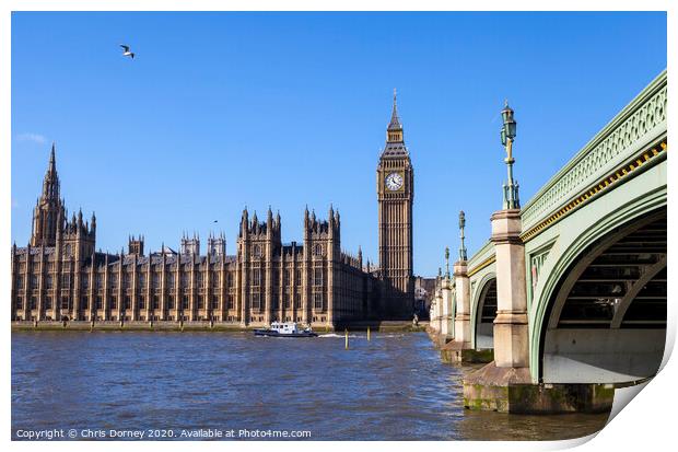 Houses of Parliament and Westminster Bridge Print by Chris Dorney