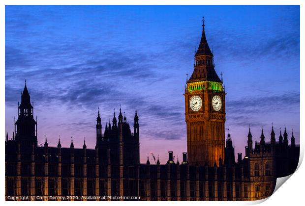 Houses of Parliament in London at Dusk Print by Chris Dorney
