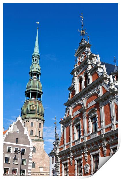 House of the Blackheads and St. Peter's Church in Riga Print by Chris Dorney