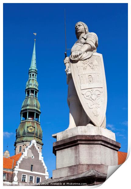St. Roland Statue and St. Peter's Church in Riga Print by Chris Dorney