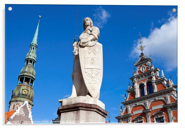 House of the Blackheads, St. Peter's Church and Saint Roland Statue in Riga Acrylic by Chris Dorney