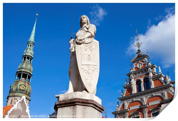 House of the Blackheads, St. Peter's Church and Saint Roland Statue in Riga Print by Chris Dorney