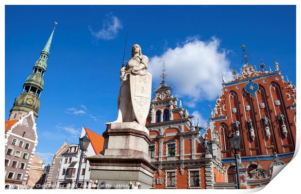 House of the Blackheads, St. Peter's Church and Saint Roland Statue in Riga Print by Chris Dorney