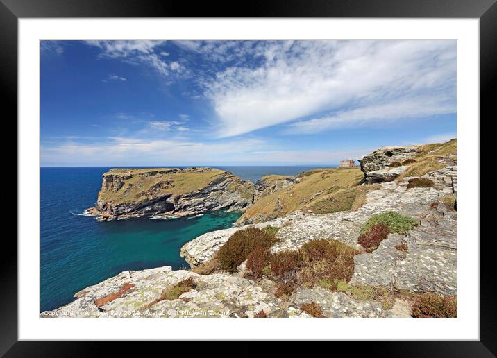 Tintagel Head and Castle Framed Mounted Print by Andrew Ray