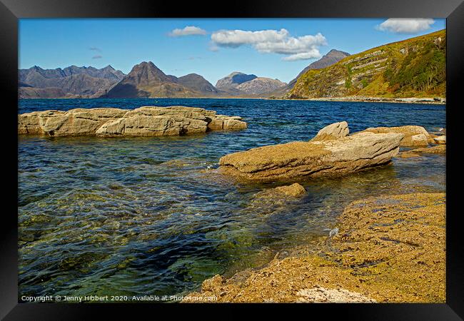 Elgol looking across Loch Scavaig with the Cuillins in the distance Framed Print by Jenny Hibbert