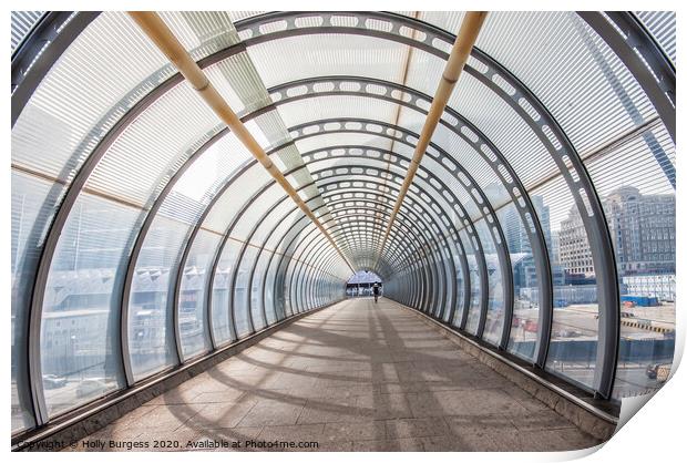 Glass walk way tunnel London  Print by Holly Burgess