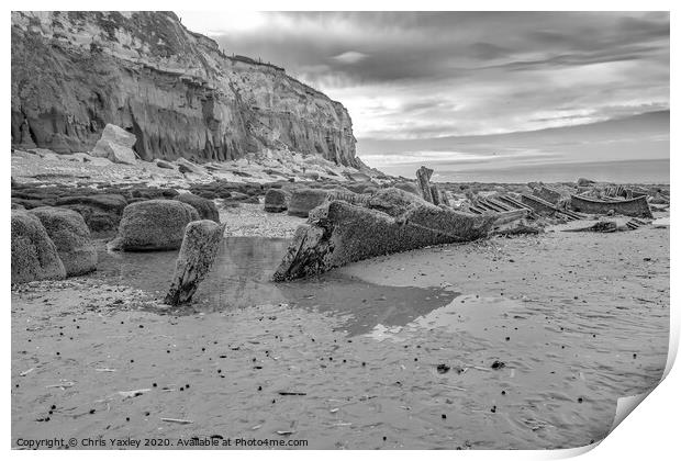 Hunstanton beach wreck bw Print by Chris Yaxley