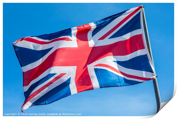 Union Flag over a Clear Blue Sky Print by Chris Dorney