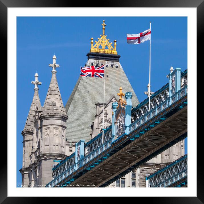 Flags on Tower Bridge in London Framed Mounted Print by Chris Dorney