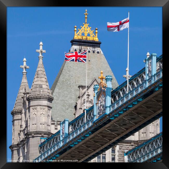 Flags on Tower Bridge in London Framed Print by Chris Dorney