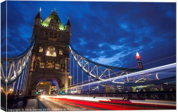 Tower Bridge Light Trails and the Shard Canvas Print by Chris Dorney