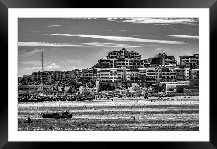 BW Beach Restaurants Boats Cabo San Lucas Mexico Framed Mounted Print by William Perry