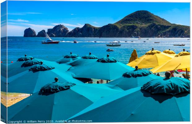 Blue Umbrellas Beach Restaurants Boats Cabo San Lucas Mexico Canvas Print by William Perry