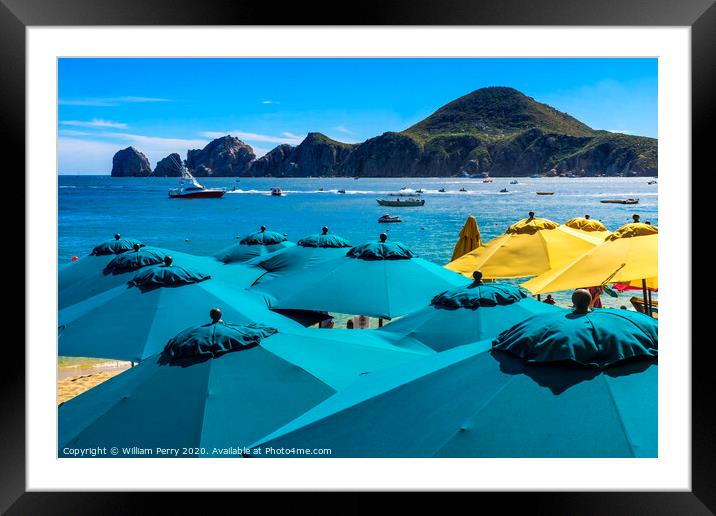 Blue Umbrellas Beach Restaurants Boats Cabo San Lucas Mexico Framed Mounted Print by William Perry