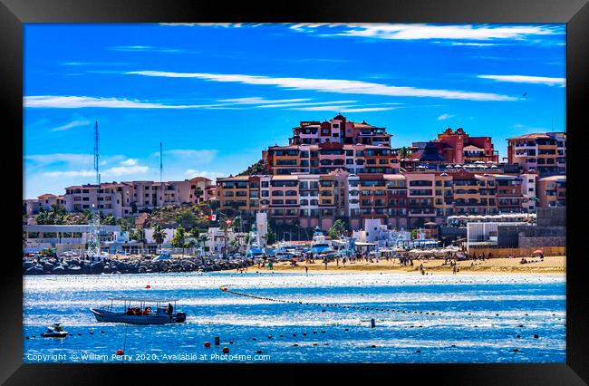 Beach Restaurants Boats Cabo San Lucas Mexico Framed Print by William Perry