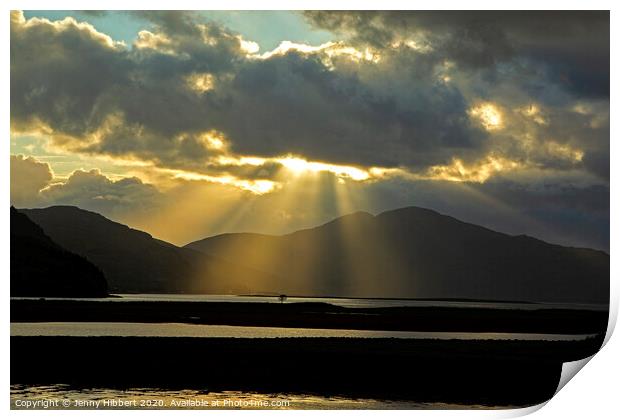 Sunrays hitting loch in Dornie Scotland Print by Jenny Hibbert