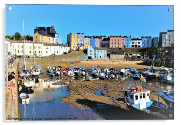 The beautiful colorful harbour of Tenby Wales at low tide. Acrylic by john hill