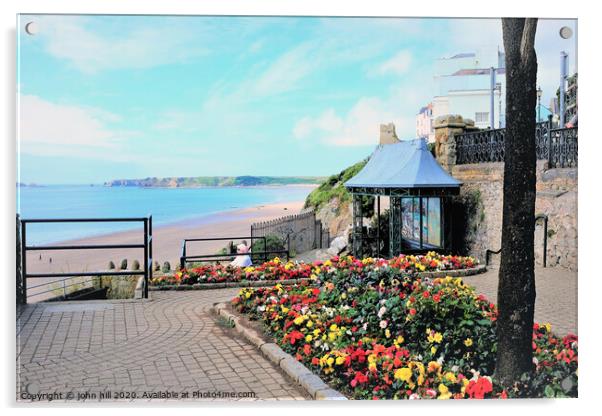 The colorful Esplanade gardens at Tenby Wales.  Acrylic by john hill