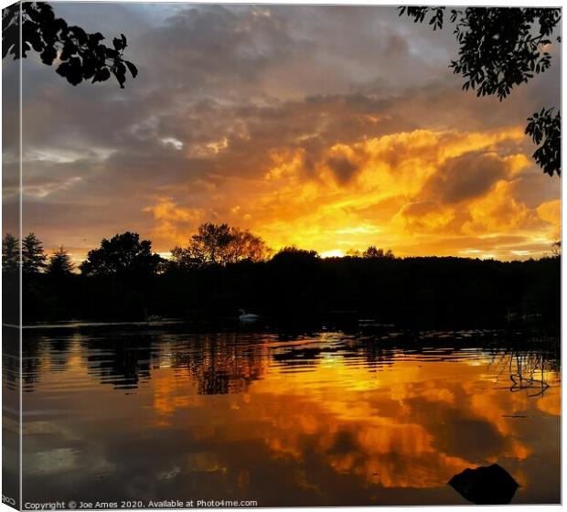 Firey sunset at Osborne pond  Canvas Print by Joe Ames
