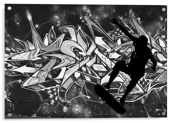 Skateboarder with Graffitti Background Acrylic by Dawn O'Connor