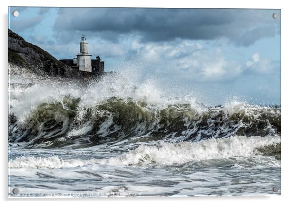 Breaking waves at Bracelet Bay, Mumbles, Swansea. Acrylic by Gareth Lovering