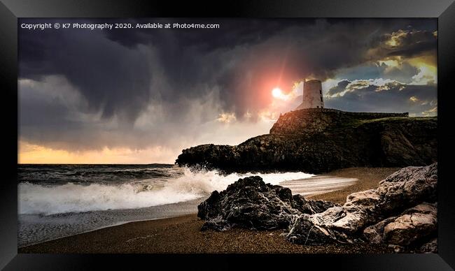 Majestic Llanddwyn Lighthouse amidst a Stormy Sky Framed Print by K7 Photography