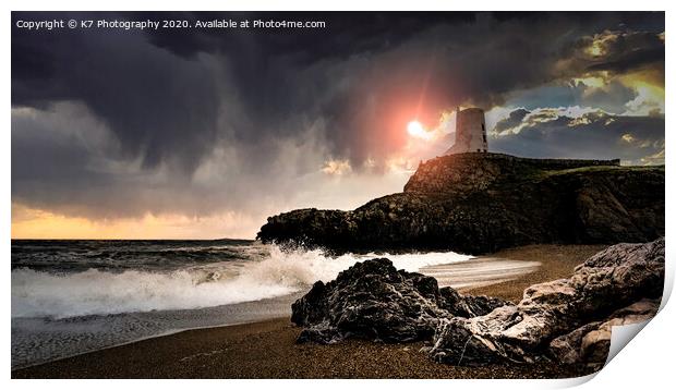 Majestic Llanddwyn Lighthouse amidst a Stormy Sky Print by K7 Photography