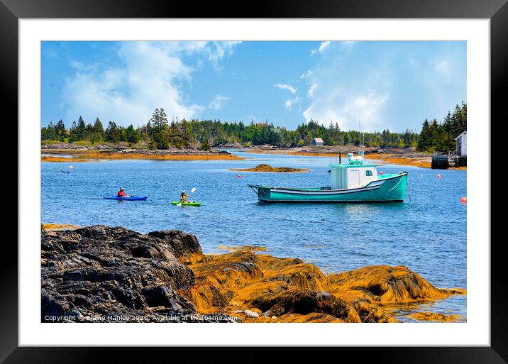Lobster Boat and Kayakers Framed Mounted Print by Elaine Manley