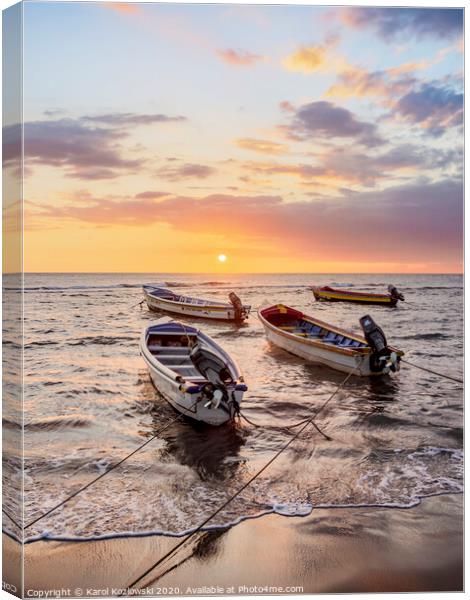 Fishing Boats at sunset, Treasure Beach, Jamaica Canvas Print by Karol Kozlowski