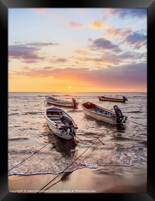 Fishing Boats at sunset, Treasure Beach, Jamaica Framed Print by Karol Kozlowski